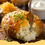 twice baked potato recipe - Close-up of golden brown, cheesy twice baked potatoes garnished with fresh chives and bacon bits on a wooden board.