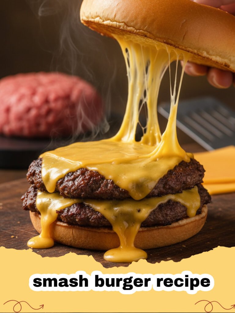 smash burger recipe - Close-up of a perfectly cooked smash burger with melted American cheese, lettuce, tomato, and pickles on a toasted potato bun.