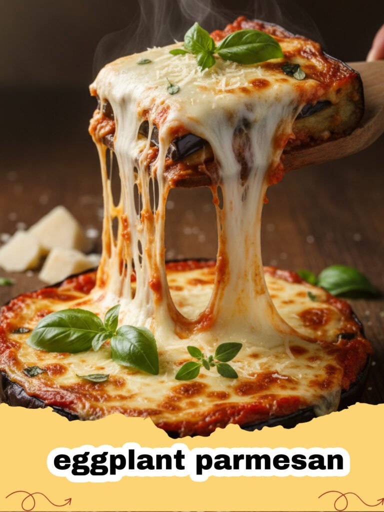 Baked eggplant parmesan casserole dish with melted cheese and fresh basil