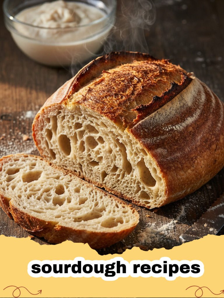 sourdough recipes - A perfectly baked, golden-brown sourdough loaf with a beautiful scored pattern on a cooling rack.