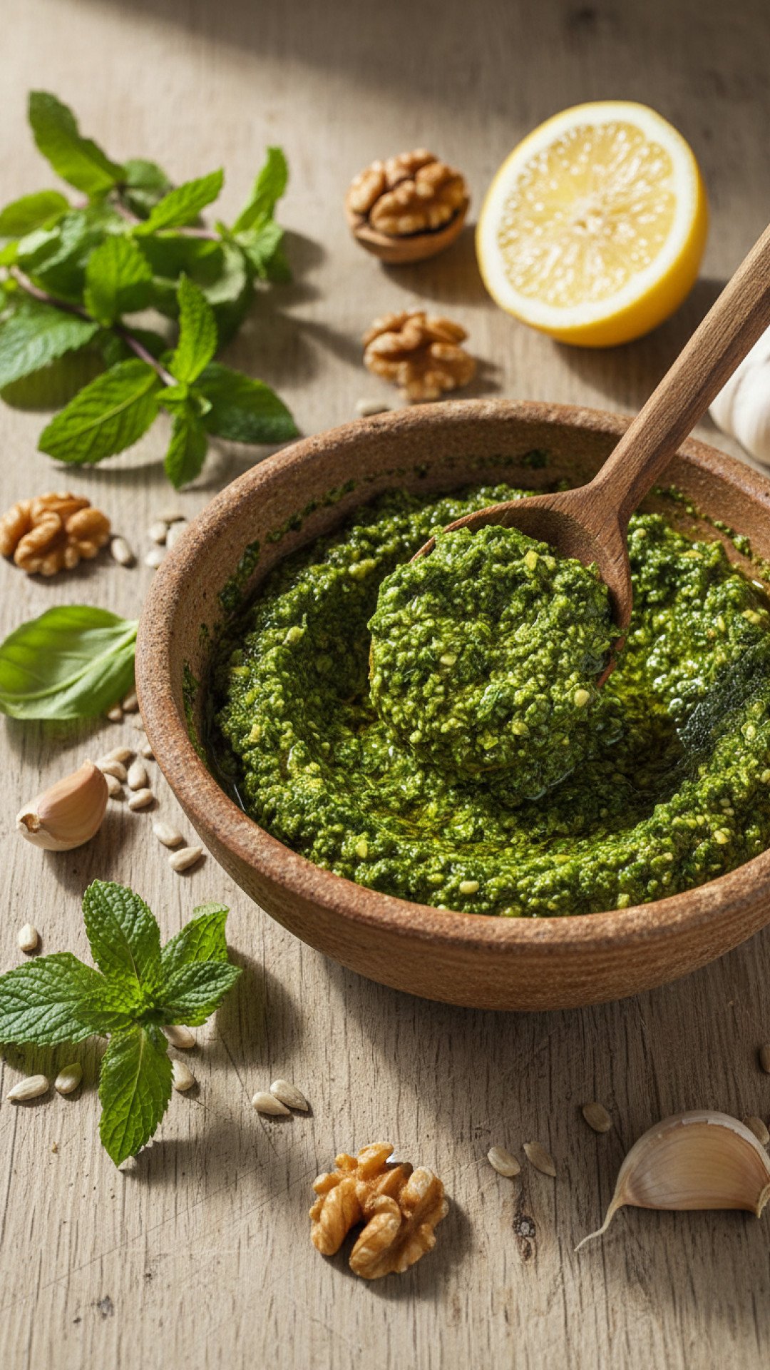 Vibrant Mint & Pistachio Pesto Pasta with Grilled Halloumi Preparation