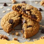 healthy cookies recipes - Pile of healthy oatmeal chocolate chip cookies on a cooling rack, with one broken in half to show its chewy interior.