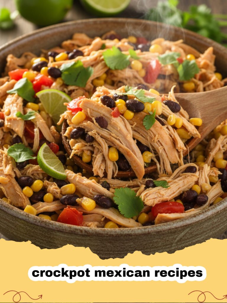 crockpot mexican recipes - Slow Cooker Zesty Mexican Shredded Chicken in a ceramic crockpot, garnished with fresh cilantro and lime, ready to be served.