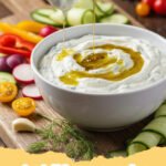 tzatziki sauce recipe - A vibrant bowl of homemade Greek tzatziki sauce with fresh dill and olive oil, served with pita bread and cucumber slices.