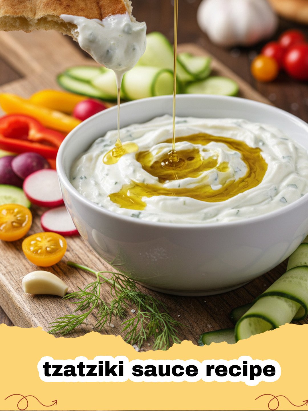 tzatziki sauce recipe - A vibrant bowl of homemade Greek tzatziki sauce with fresh dill and olive oil, served with pita bread and cucumber slices.