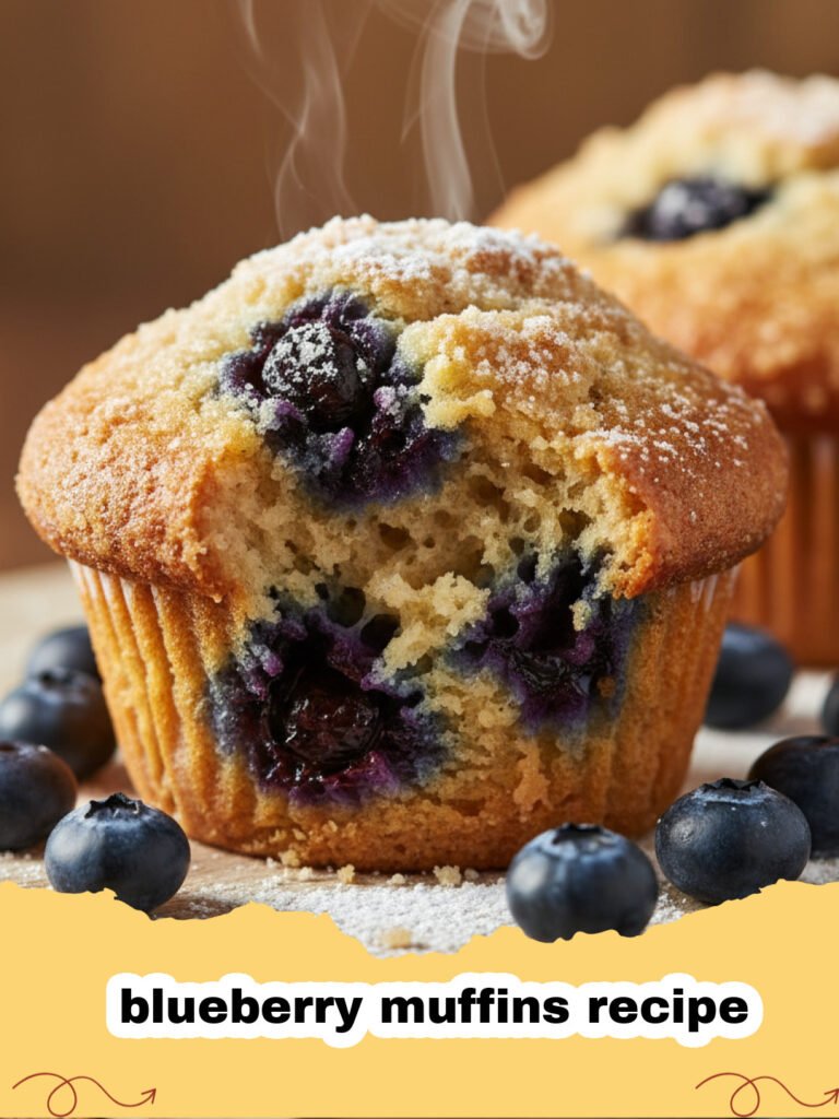 blueberry muffins recipe - Golden brown blueberry muffins with bursting berries on a wire rack