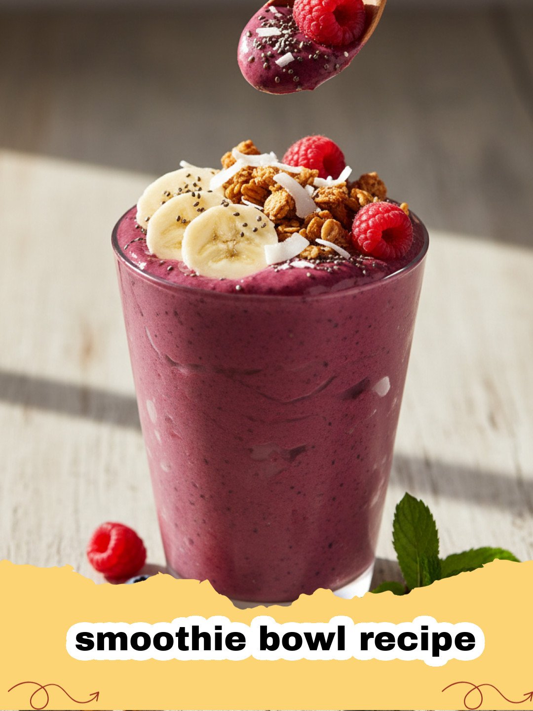 smoothie bowl recipe - A beautifully garnished Berry Blast Smoothie Bowl with fresh berries, granola, and chia seeds on a wooden background, ready to be eaten for breakfast.