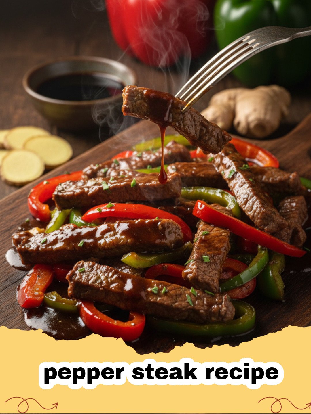 A vibrant skillet pepper steak recipe with tender beef, colorful bell peppers, and a rich brown sauce, served over white rice.