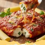 manicotti recipe - Classic baked manicotti in a red baking dish, topped with melted cheese and fresh parsley.