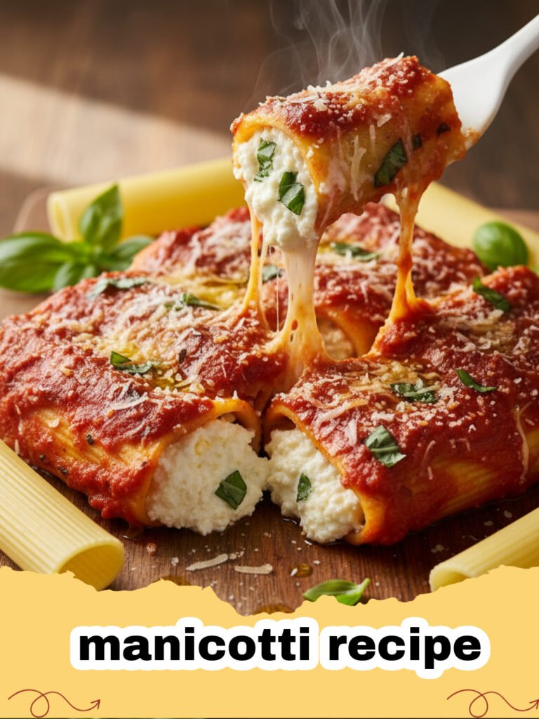 manicotti recipe - Classic baked manicotti in a red baking dish, topped with melted cheese and fresh parsley.