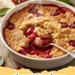 cherry recipes - Warm cherry cobbler with a golden biscuit topping, served with a scoop of melting vanilla ice cream.