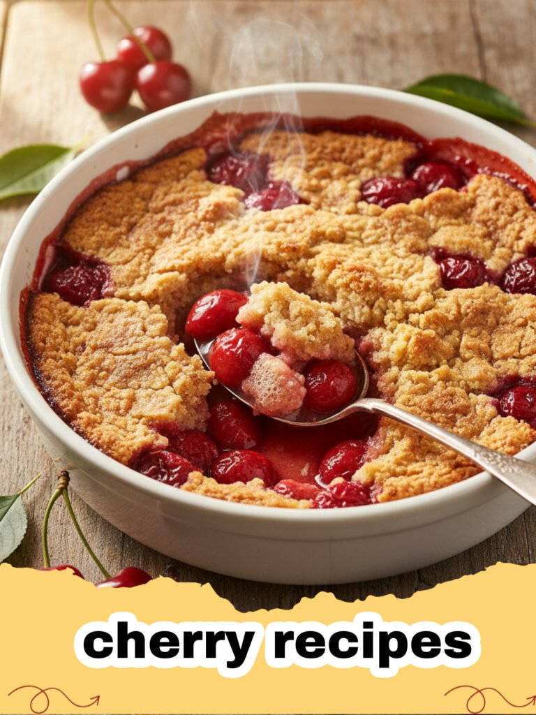 cherry recipes - Warm cherry cobbler with a golden biscuit topping, served with a scoop of melting vanilla ice cream.