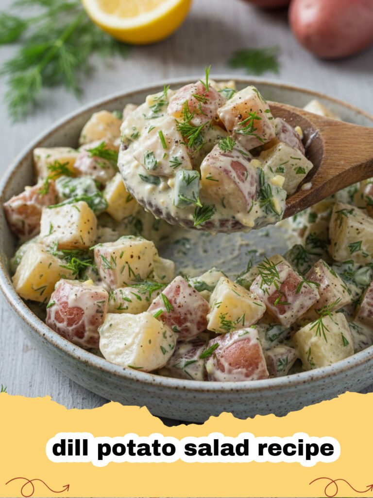 dill potato salad recipe - A creamy classic dill potato salad in a white serving bowl, garnished with fresh dill.