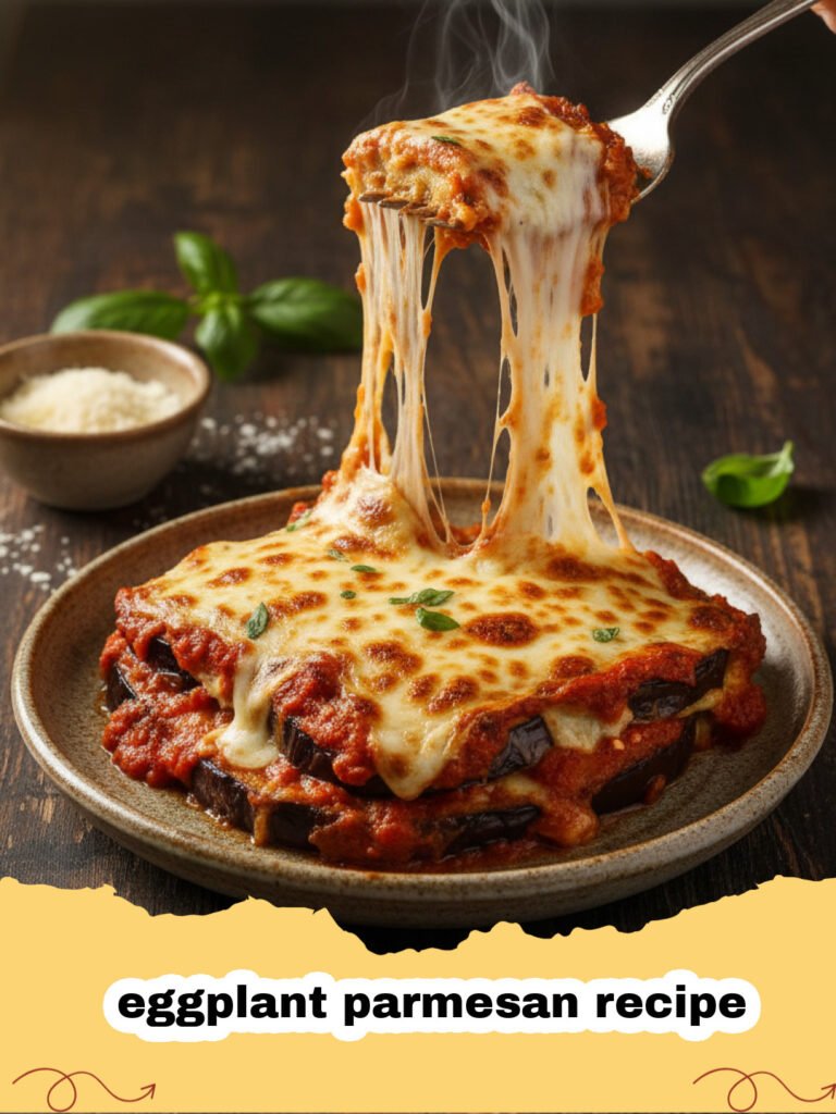 eggplant parmesan recipe - A golden, bubbly dish of classic eggplant parmesan with fresh basil on top.