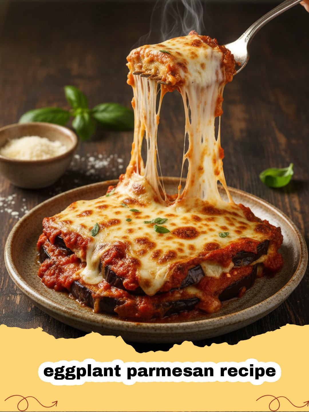 eggplant parmesan recipe - A golden, bubbly dish of classic eggplant parmesan with fresh basil on top.