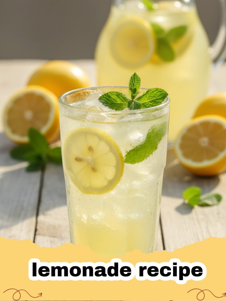 lemonade recipe - A clear glass pitcher filled with homemade lemonade, lemon slices, and ice, with two glasses ready for serving.