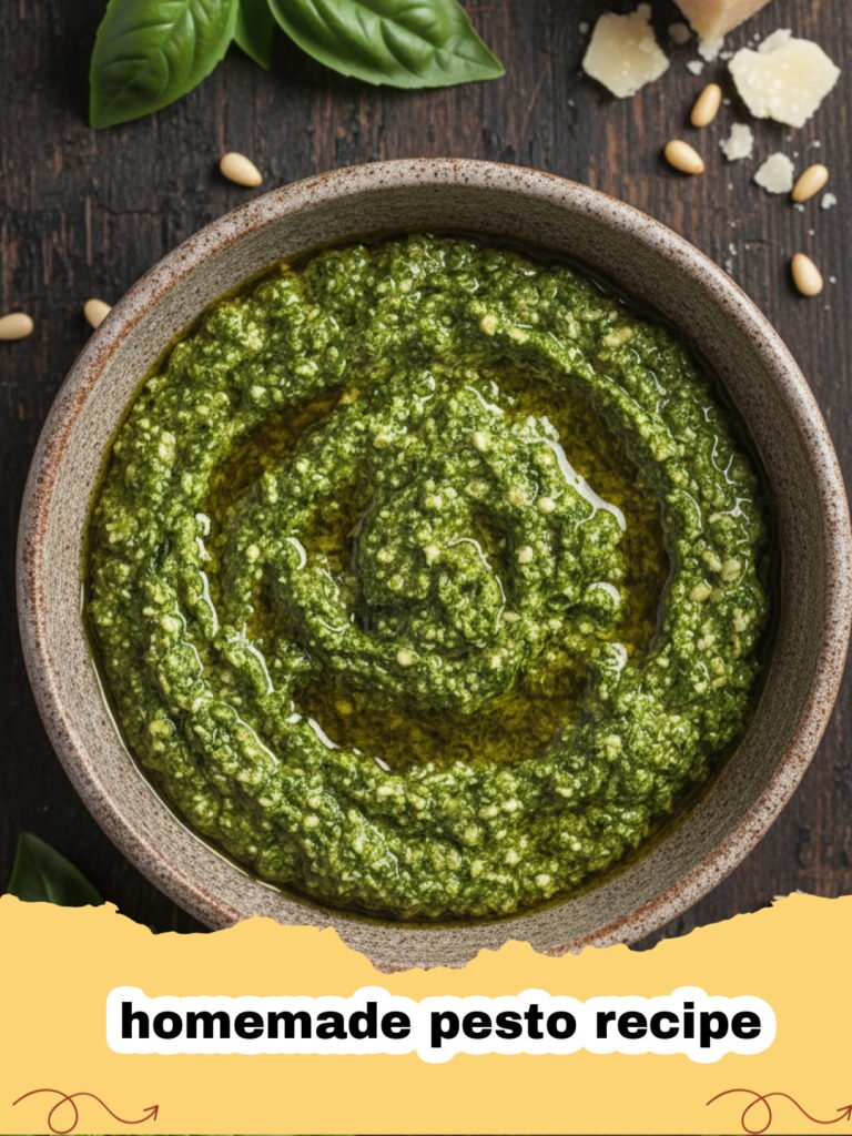 homemade pesto recipe - Freshly made bright green homemade pesto in a bowl with a spoon, surrounded by basil leaves, pine nuts, and Parmesan cheese.