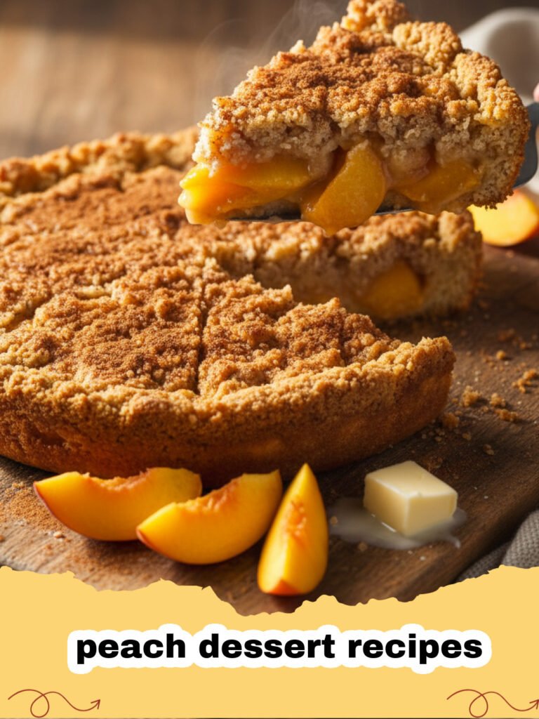 peach dessert recipes - A warm, golden-brown classic peach cobbler bubbling with juicy peaches and a biscuit topping, served in a rustic baking dish.