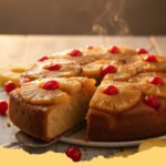 pineapple upside down cake recipe - A perfectly golden classic pineapple upside down cake with visible caramelized pineapple rings and maraschino cherries on top, sitting on a white serving plate.