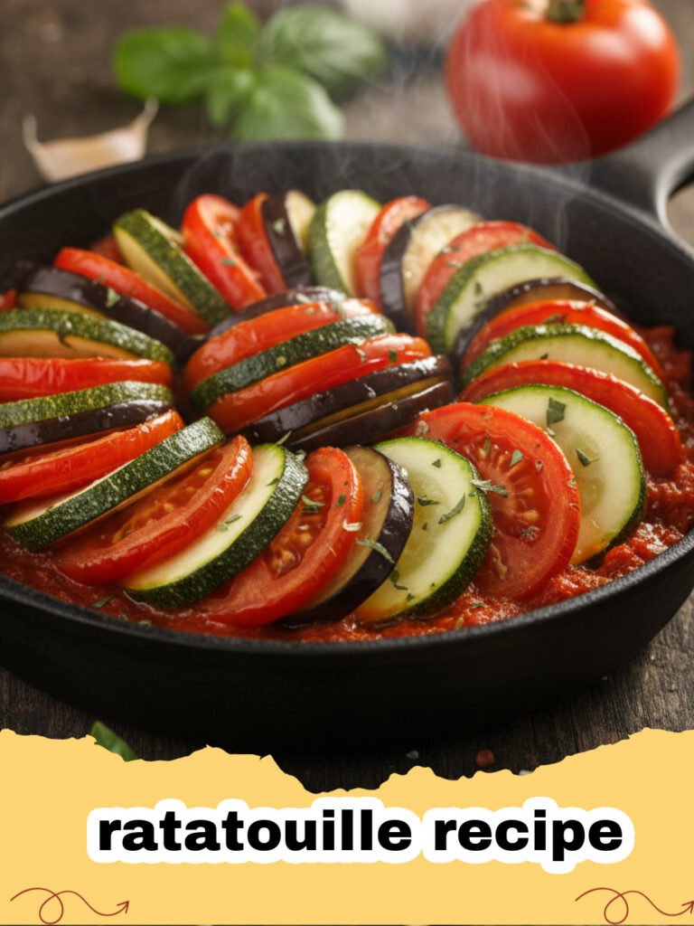 ratatouille recipe - A vibrant and colorful bowl of classic French ratatouille, garnished with fresh basil.