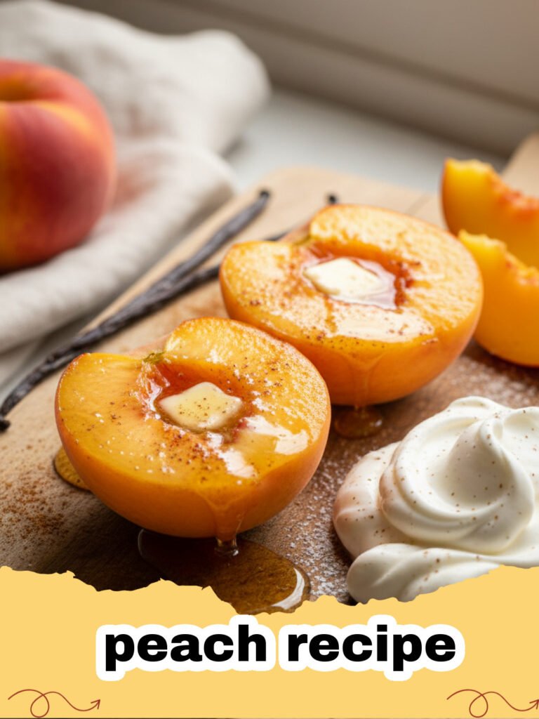 peach recipe - Close-up of a golden-brown classic summer peach crumble with a scoop of melting vanilla ice cream.