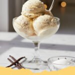 home made ice cream recipes - Silky smooth vanilla bean home made ice cream in a bowl with a scoop.