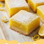 lemon bars recipe - Close-up of a perfectly cut lemon bar with powdered sugar dusting on a white plate, showcasing the bright yellow filling and shortbread crust.