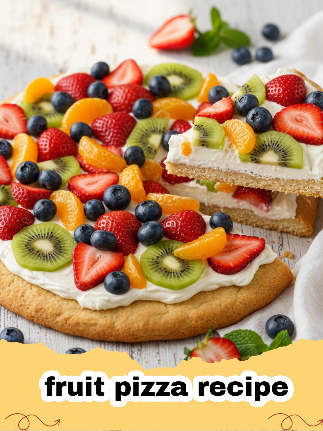 fruit pizza recipe - A vibrant and colorful classic fruit pizza on a white platter, adorned with fresh strawberries, blueberries, kiwi, and mandarin oranges.