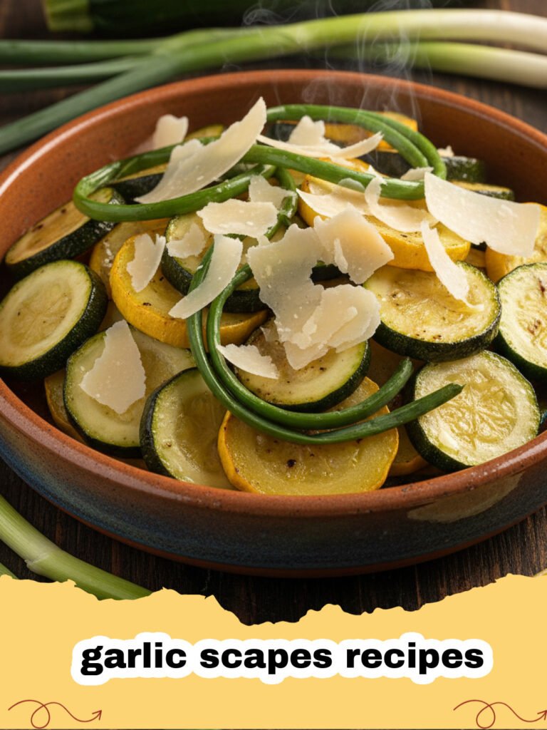 garlic scapes recipes - Creamy Garlic Scape Pesto Pasta in a bowl with a fork, garnished with pine nuts and Parmesan.