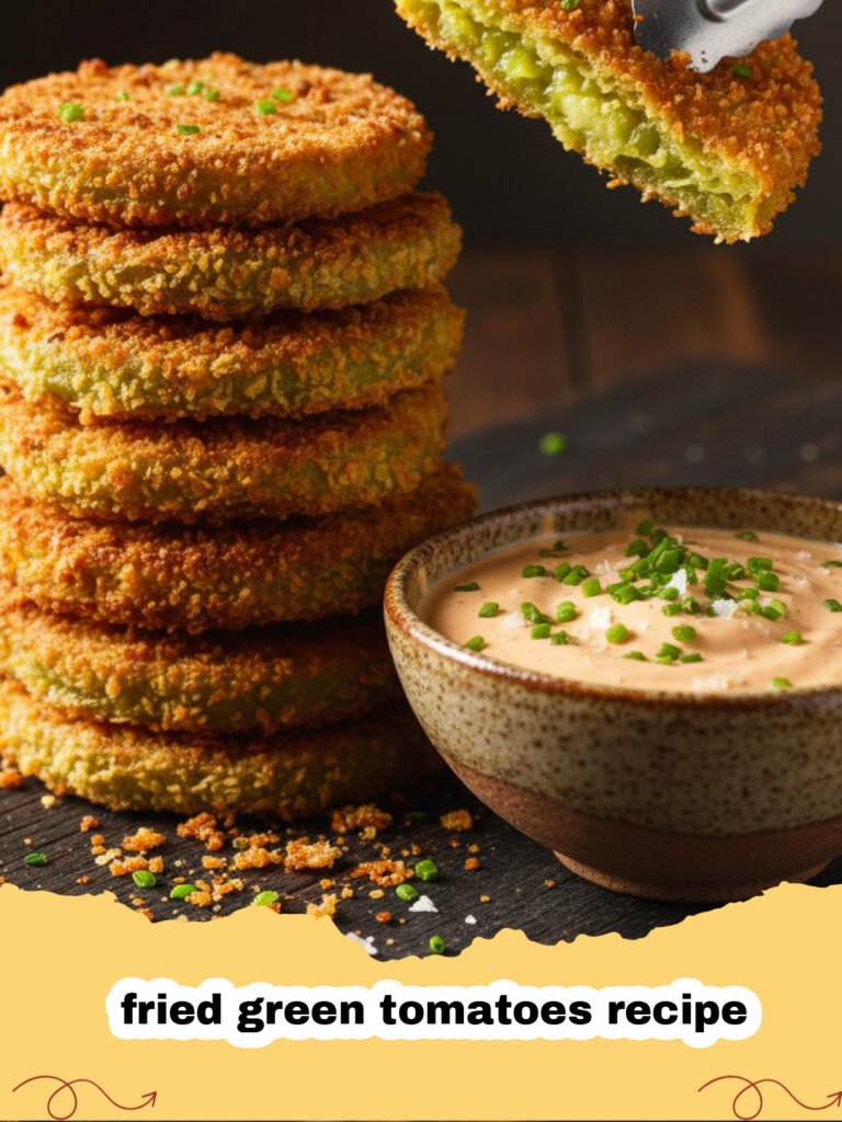 fried green tomatoes recipe - Platter of golden brown, crispy fried green tomatoes stacked high.