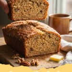 banana nut bread recipe - Slice of moist banana nut bread with walnuts on a wooden board