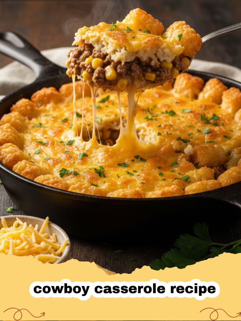 cowboy casserole recipe - A golden brown cowboy casserole with crispy tater tots and melted cheese in a glass baking dish.