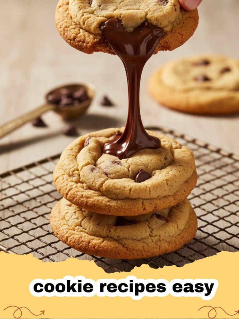 cookie recipes easy - Pile of golden-brown chocolate chip cookies on a wire rack, with some milk in the background