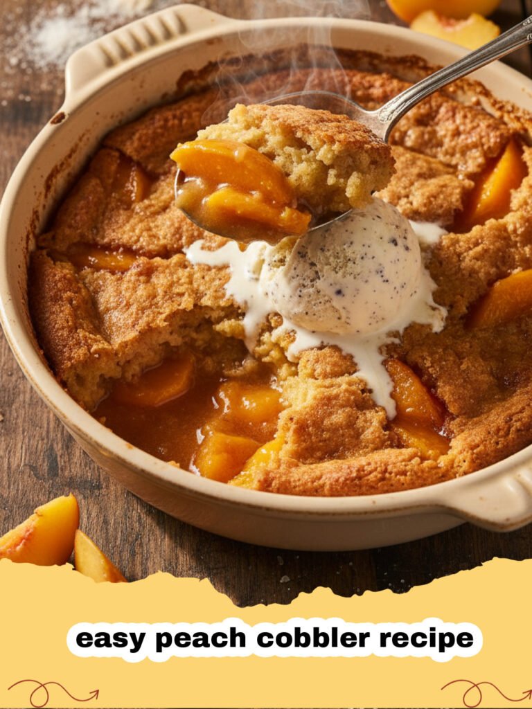 Warm easy peach cobbler recipe in a baking dish, with a scoop of vanilla ice cream melting on top.