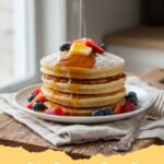 gluten free pancake recipe - Stack of fluffy gluten-free buttermilk pancakes with berries and maple syrup