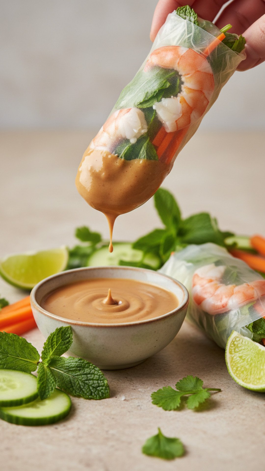 Fresh Summer Rice Paper Rolls with Peanut Dipping Sauce Preparation