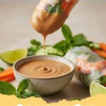 rice paper recipes - A close-up of vibrant fresh summer rice paper rolls, showcasing colorful vegetables, shrimp, and herbs, arranged on a white platter with a small bowl of creamy peanut dipping sauce.