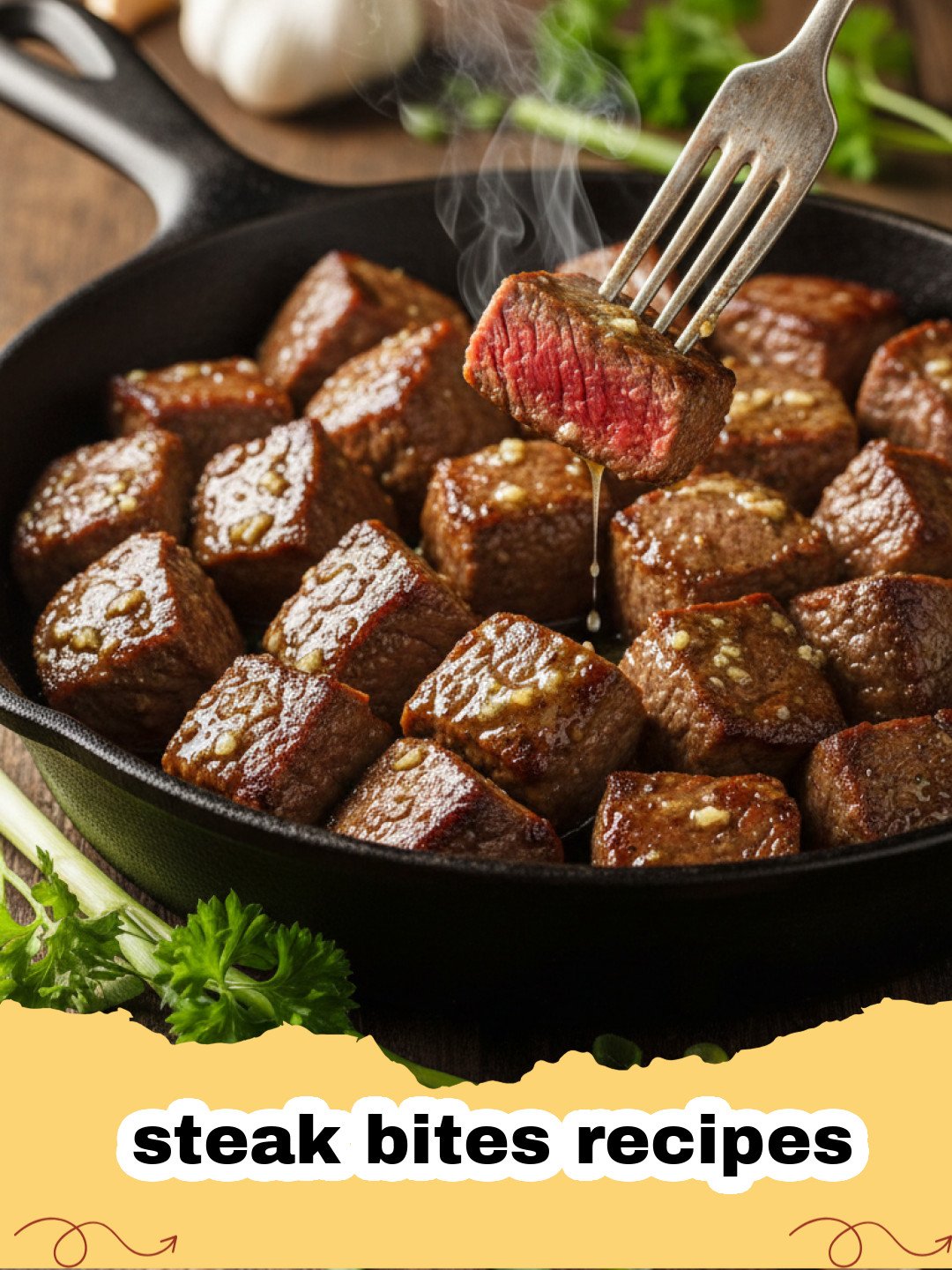 steak bites recipes - Close-up of garlic butter steak bites garnished with parsley in a cast iron skillet