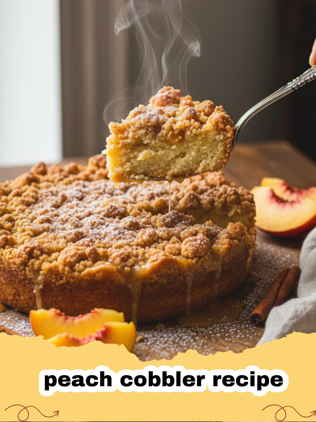 peach cobbler recipe - A close-up shot of a golden-brown peach cobbler with a tender biscuit topping, bubbling with sweet peach filling, in a rustic baking dish, ready to be served.