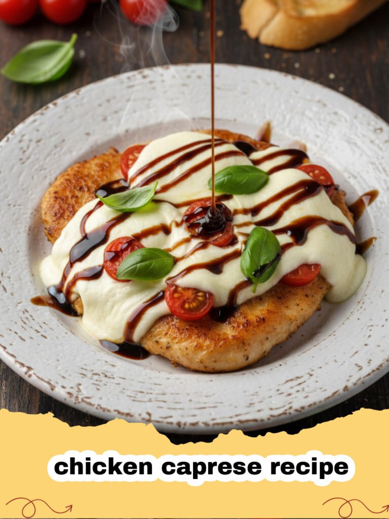 chicken caprese recipe - A beautiful skillet containing chicken caprese with melted mozzarella, red tomatoes, and green basil.