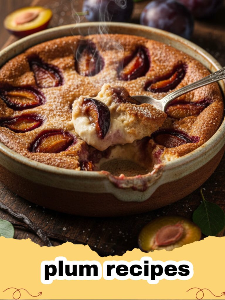 plum recipes - Warm plum crumble with a golden, oat-infused topping, served with a scoop of vanilla ice cream.