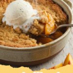 peach cobbler recipe - Close-up of a warm, golden-brown peach cobbler with a scoop of vanilla ice cream melting on top, in a rustic baking dish.