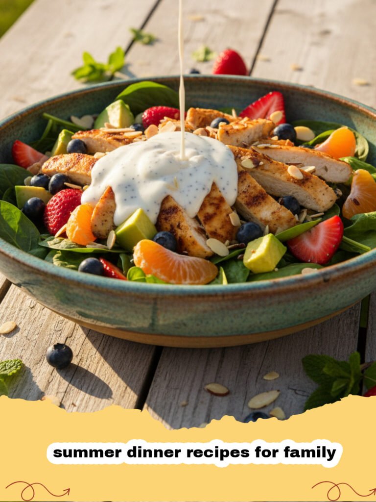 summer dinner recipes for family - Close-up of grilled lemon herb chicken and roasted summer vegetables on a platter, garnished with fresh herbs.
