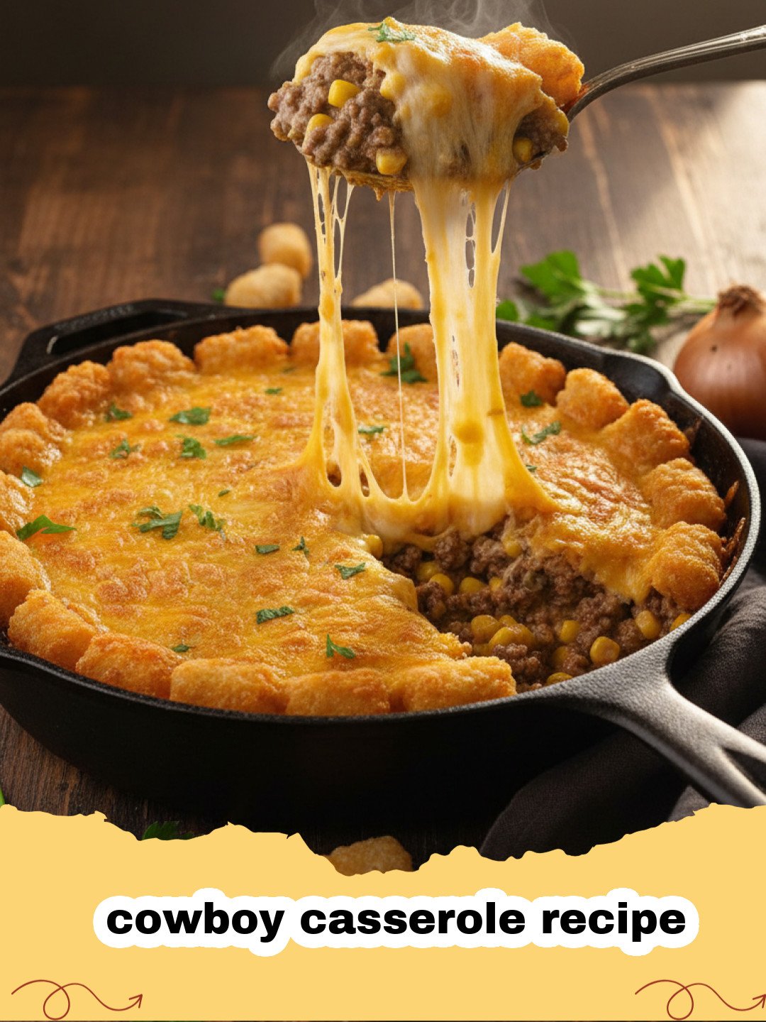 cowboy casserole recipe - A close-up of a bubbling, cheesy cowboy casserole topped with crispy golden tater tots, fresh green onions, and a dollop of sour cream.