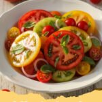 heirloom tomatoes recipes - A colorful heirloom tomato tart on a rustic wooden table with fresh basil garnish.