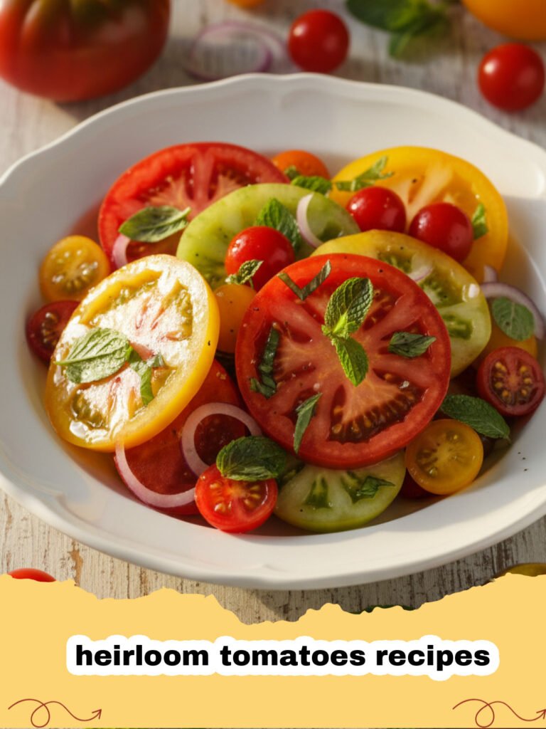 heirloom tomatoes recipes - A colorful heirloom tomato tart on a rustic wooden table with fresh basil garnish.