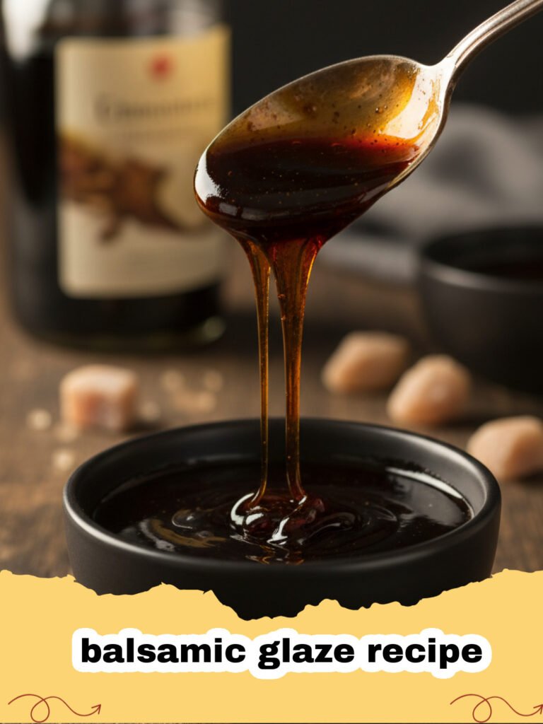 balsamic glaze recipe - A close-up of a glass jar filled with rich, dark balsamic glaze, with a spoon dripping the thick syrup onto a white surface.