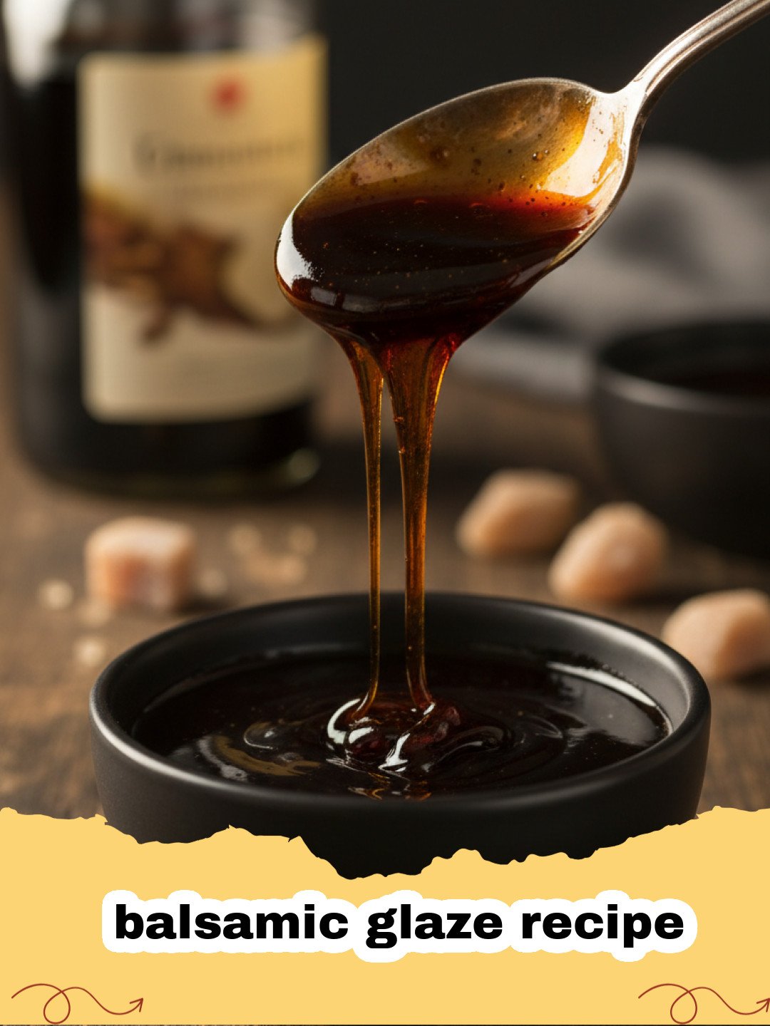 balsamic glaze recipe - A close-up of a glass jar filled with rich, dark balsamic glaze, with a spoon dripping the thick syrup onto a white surface.