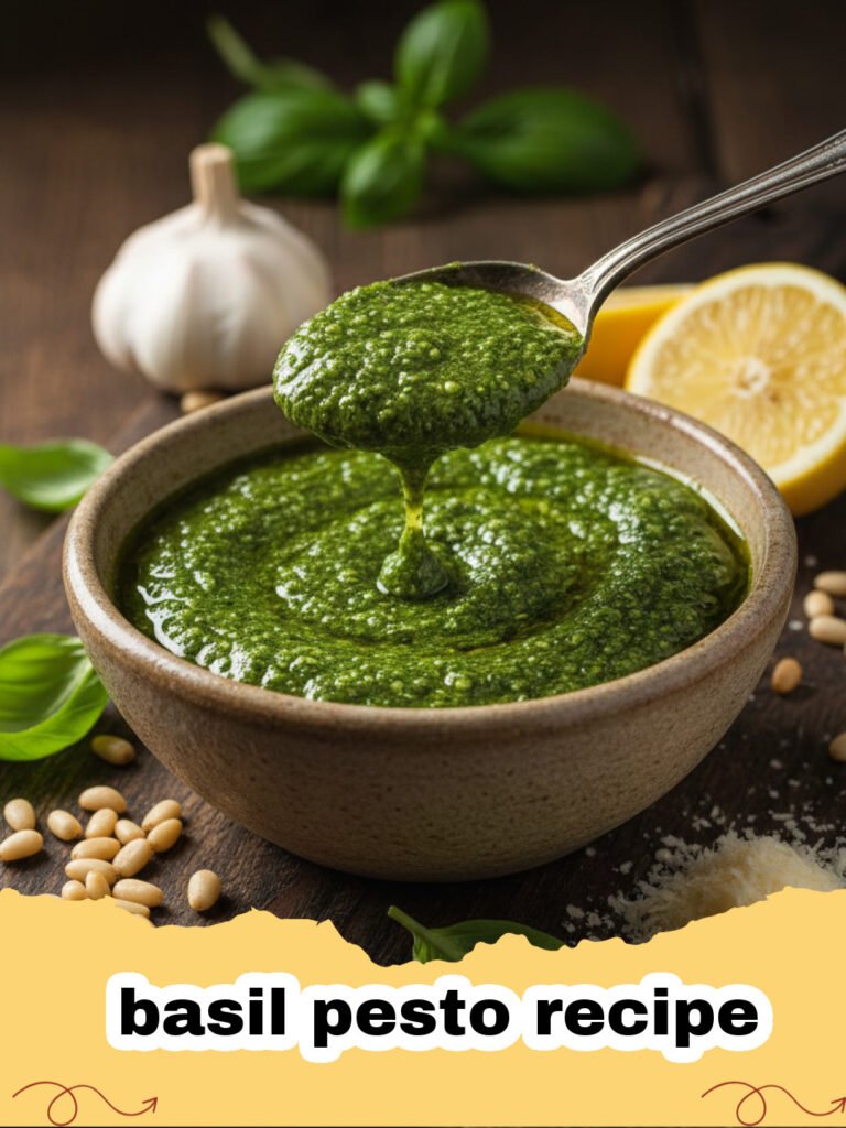basil pesto recipe - Vibrant green homemade basil pesto in a white bowl with fresh basil and pine nuts.