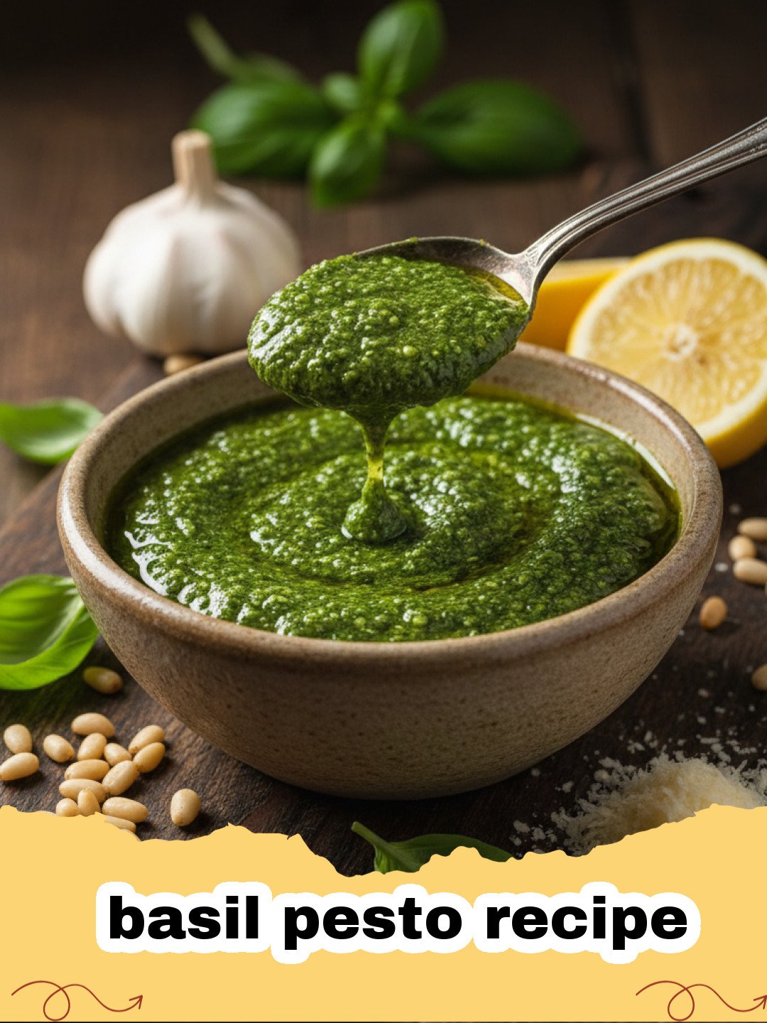 basil pesto recipe - Vibrant green homemade basil pesto in a white bowl with fresh basil and pine nuts.